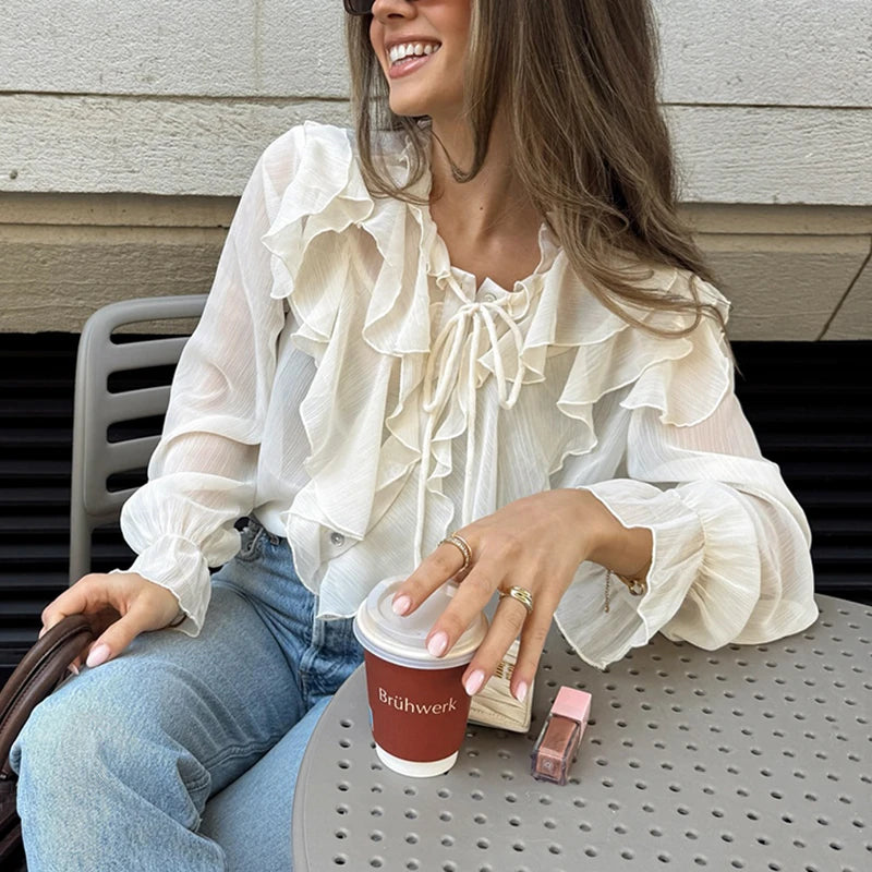 Women's Lace-Up Ruffled V-Neck Long Sleeve Sheer Blouse