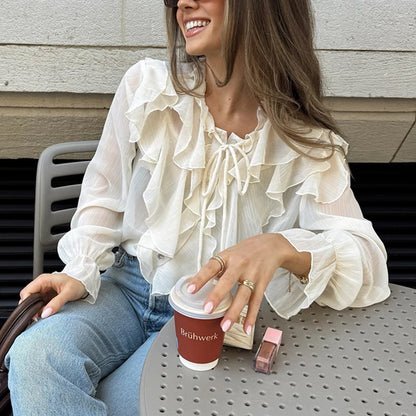 Women's Lace-Up Ruffled V-Neck Long Sleeve Sheer Blouse