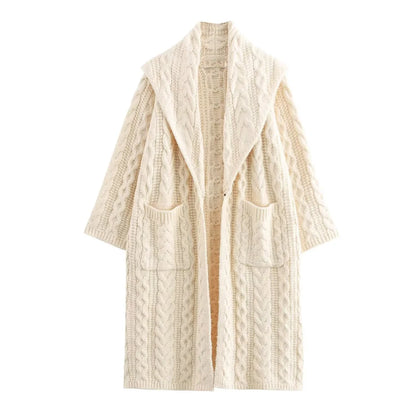 Beige cable knit cardigan on a white background