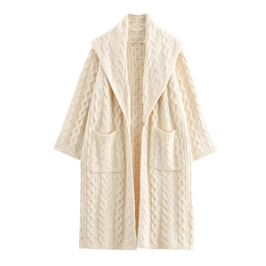 Beige cable knit cardigan on a white background