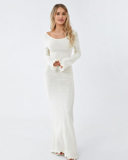 Women's Knitted Backless Bodycon Dress with Ruffle Trim