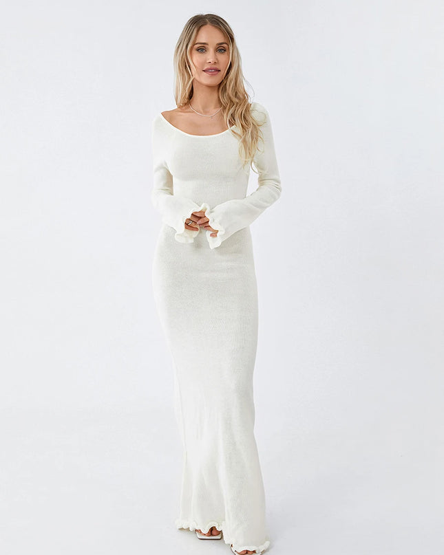 Women's Knitted Backless Bodycon Dress with Ruffle Trim