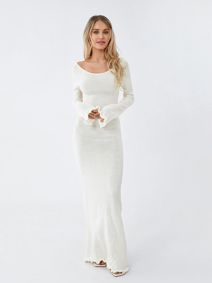 Women's Knitted Backless Bodycon Dress with Ruffle Trim
