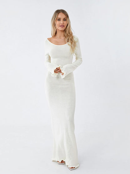 Women's Knitted Backless Bodycon Dress with Ruffle Trim