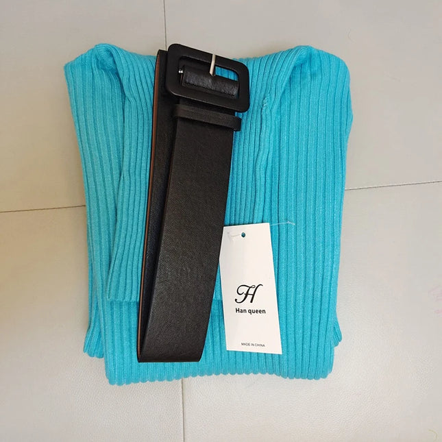 Han Queen Women's Knitted Turtleneck Bodycon Dress with Belt