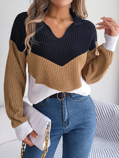 Multi-coloured Patchwork Long Sleeve Knitted Sweater for Women