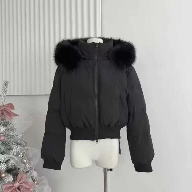 Women's Fur Collar Zipper Hooded Short Jacket - Thickened and Warm
