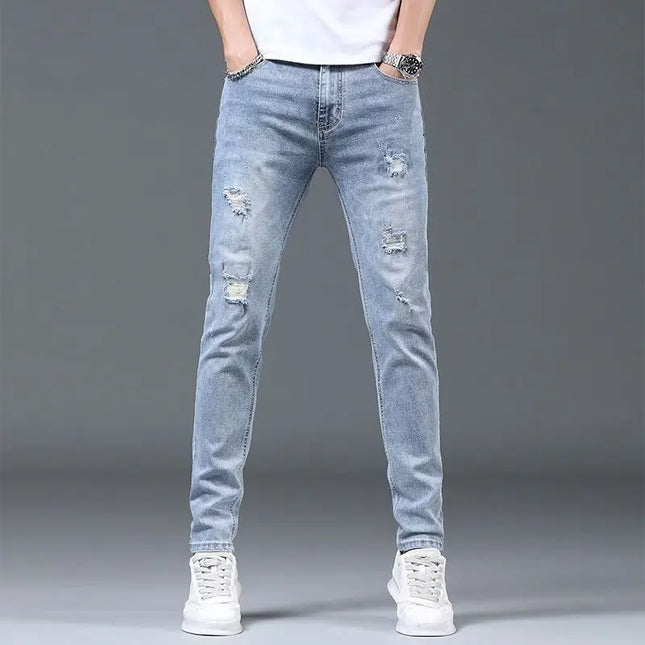 Men's Ripped Slim Fit Stretch Jeans – Straight Leg, Thin Fit Denim Pants for Men