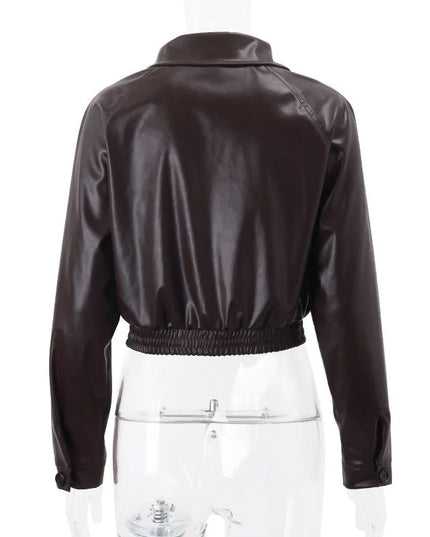 Women's Faux Leather Jacket with Turn-Down Collar
