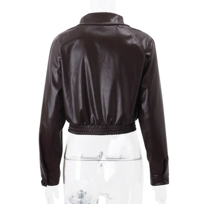 Women's Faux Leather Jacket with Turn-Down Collar