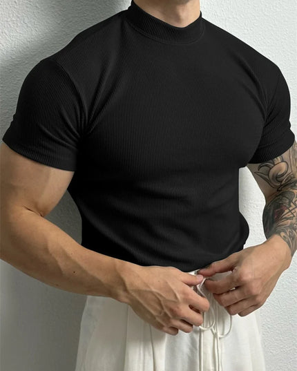Men's Slim Fit Short Sleeve T-Shirt with High Collar and Stripe Design