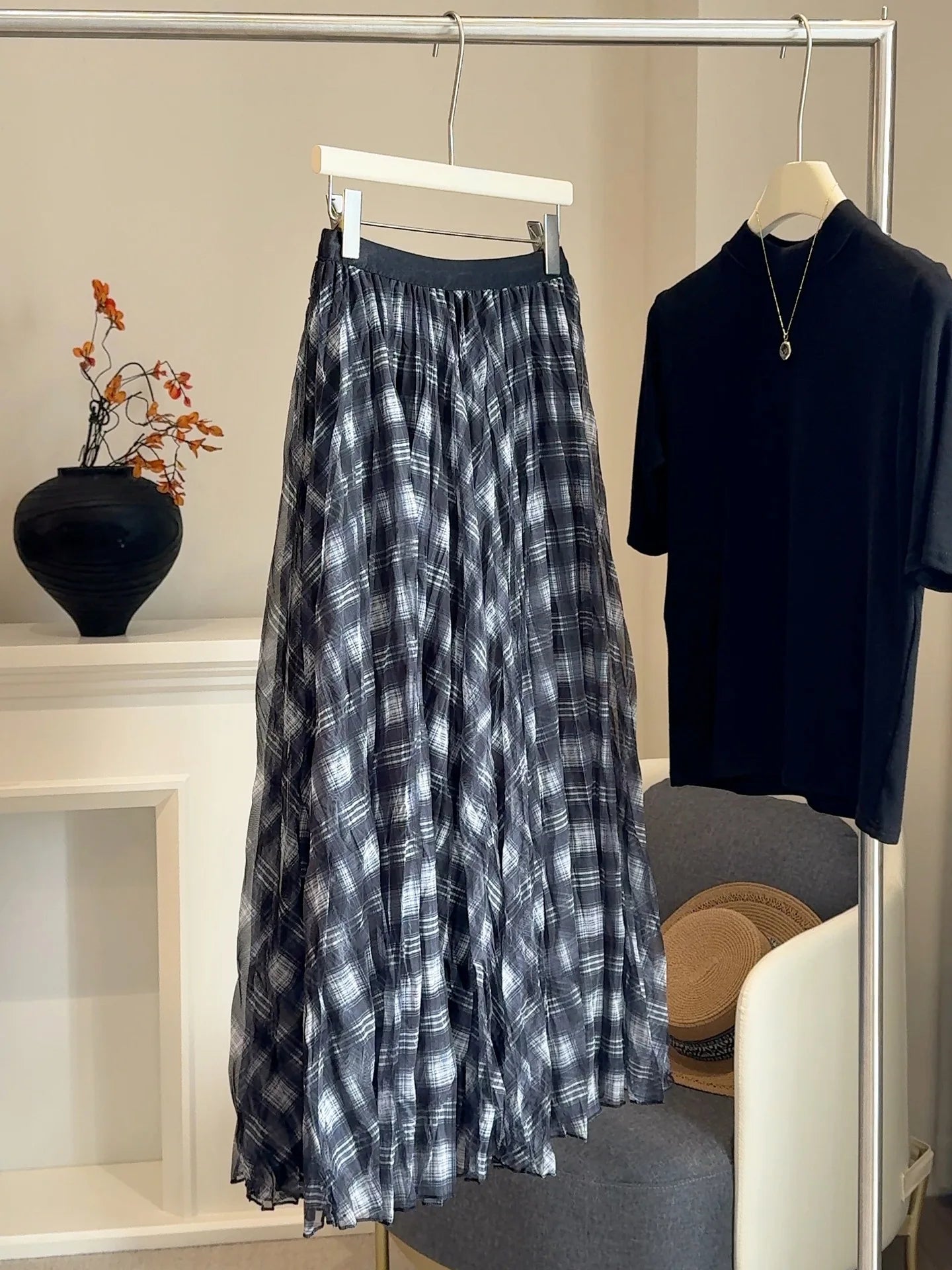 High-Waisted Mesh Splicing Plaid Midi Skirt for Women - Drape, Pleated, Loose Fit