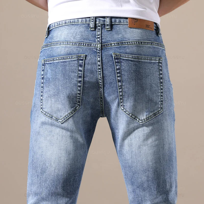 Stylish OUSSYU Men's Denim Jeans – Retro Pleated Skinny Fit Jeans for Men