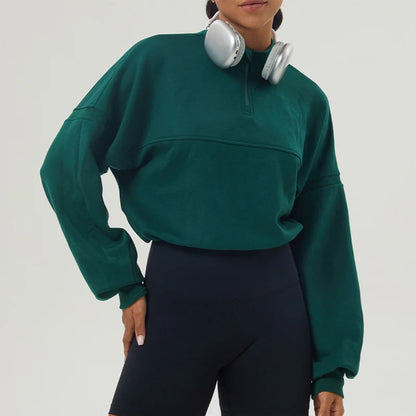 Women's High Neck Oversized Quarter Zip Cropped Sweater with Drawstring