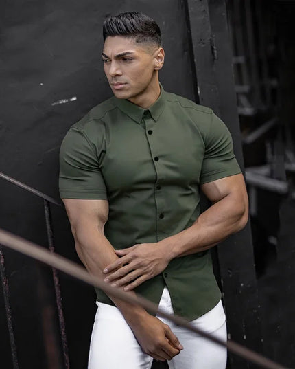 Men's Slim Fit Short Sleeve Lapel Shirt – Lightweight & Stretchy