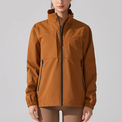 Women's Waterproof Rain Jacket with Stand Collar - Lightweight, Full Zipper
