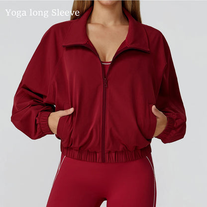 Women’s Long Sleeve Gym Fitness Jacket with Zipper and Pockets