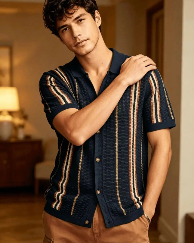 Men's Retro Style Striped Knit Polo Shirt - Casual Classic