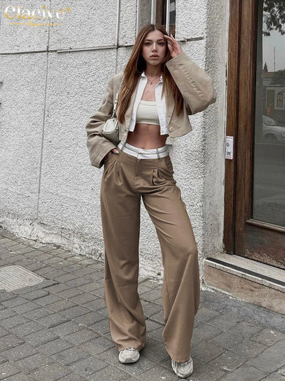 Clacive High-Waisted Loose Gray Trousers for Women - Various Colors