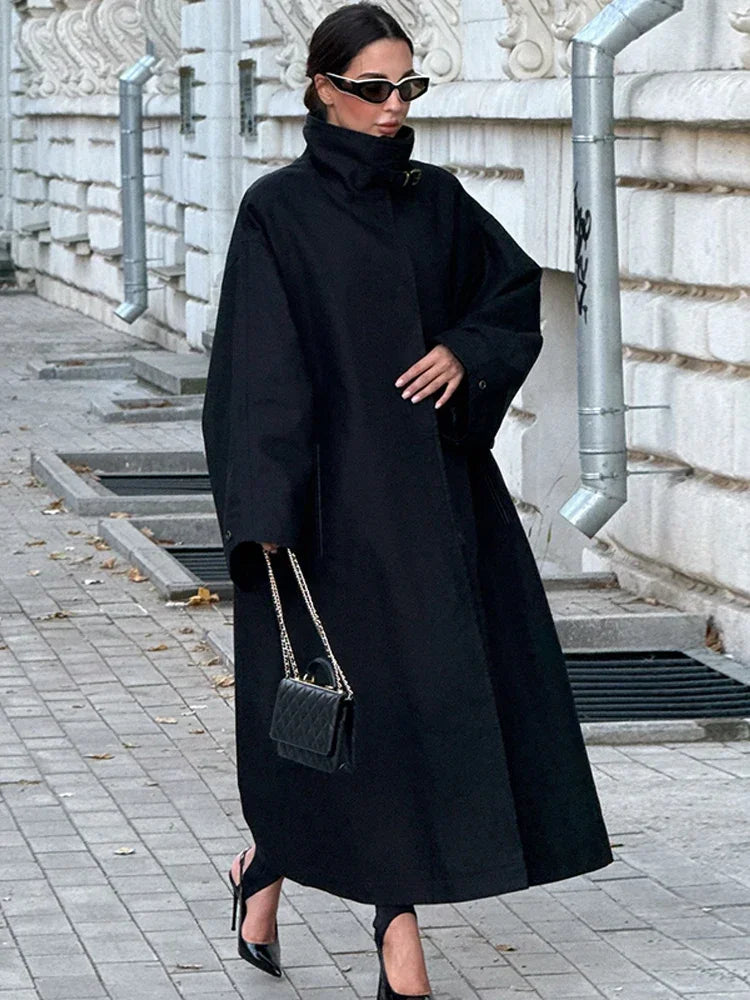 Women's Chic Long Sleeve Trench Coat with Stand Collar and Loose Fit