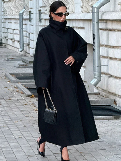 Women's Chic Long Sleeve Trench Coat with Stand Collar and Loose Fit