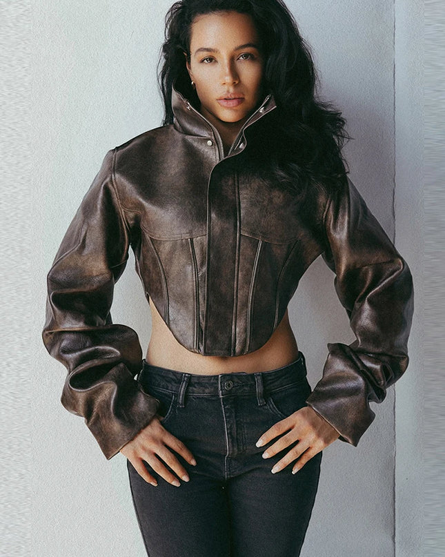 Women's Cropped Turtleneck PU Jacket with Zipper and Button Details