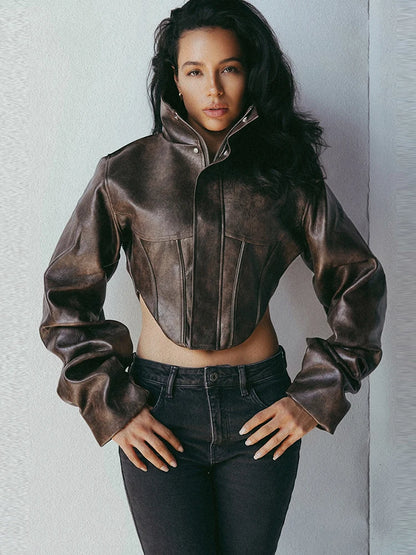 Women's Cropped Turtleneck PU Jacket with Zipper and Button Details