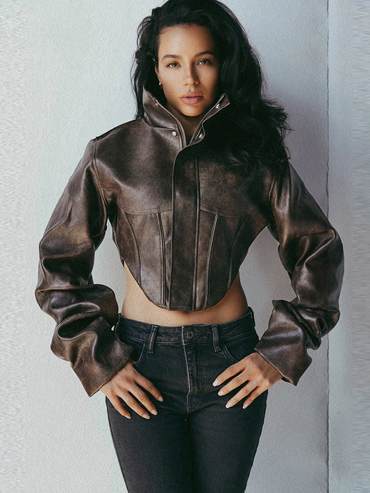 Women's Cropped Turtleneck PU Jacket with Zipper and Button Details