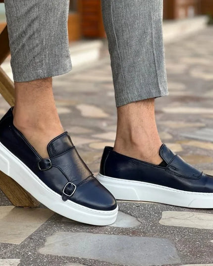 Men's Faux Leather Slip-On Shoes with Double Buckle