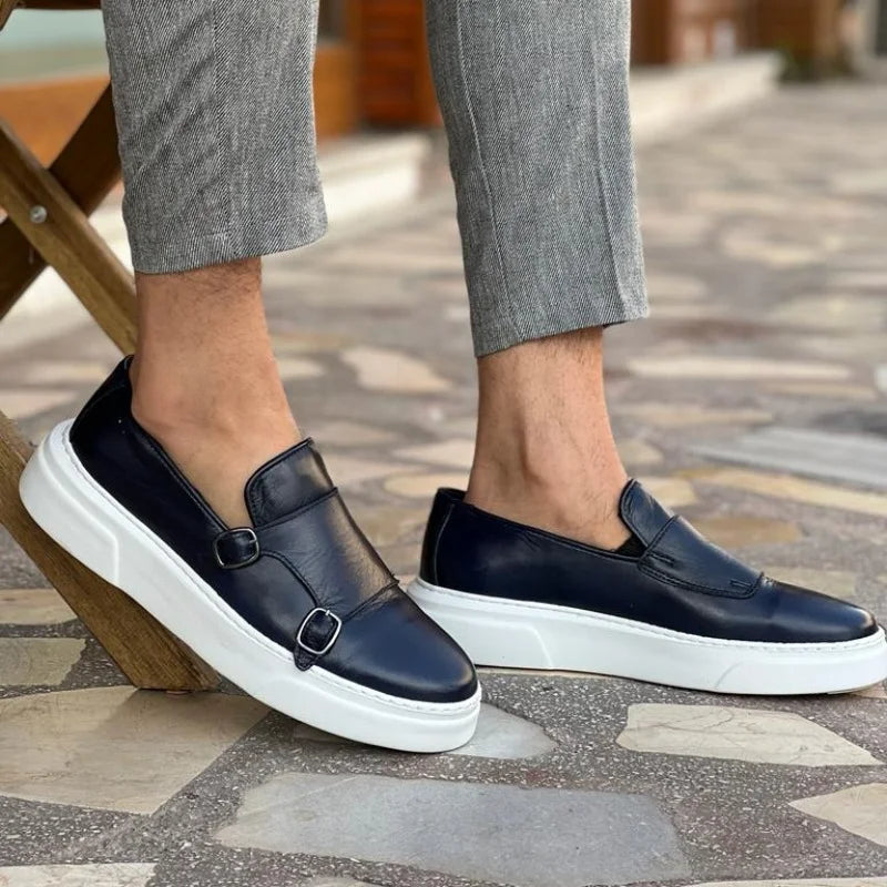 Men's Faux Leather Slip-On Shoes with Double Buckle