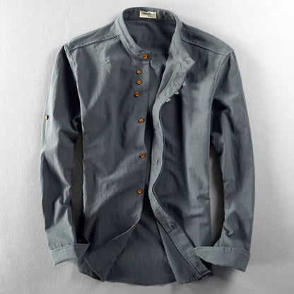 Men's Slim Fit Linen Cotton Shirt with Stand Collar