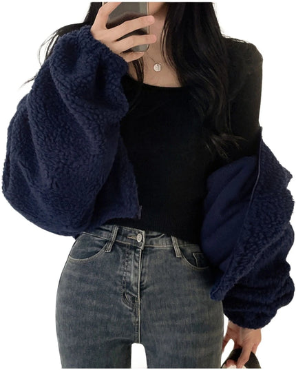 Women's Plush Faux Wool Jacket - Thick Warm Zip-up with Stand Collar