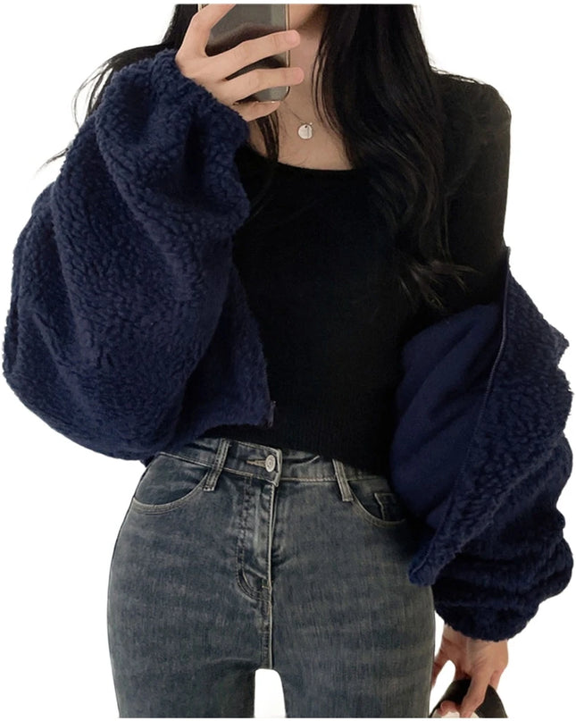 Women's Plush Faux Wool Jacket - Thick Warm Zip-up with Stand Collar