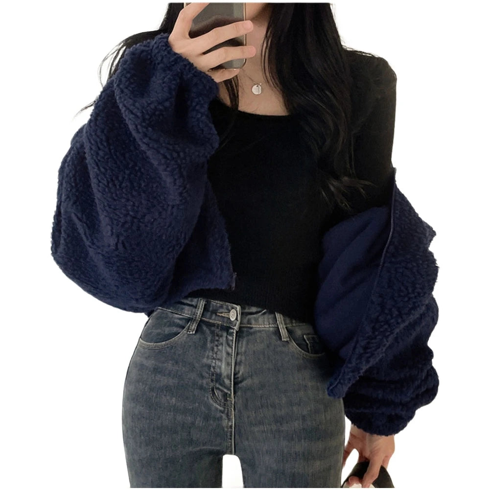 Women's Plush Faux Wool Jacket - Thick Warm Zip-up with Stand Collar