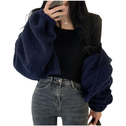 Women's Plush Faux Wool Jacket - Thick Warm Zip-up with Stand Collar