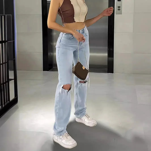 Women's Ripped Knee-Piercing Loose Fit Casual Jeans