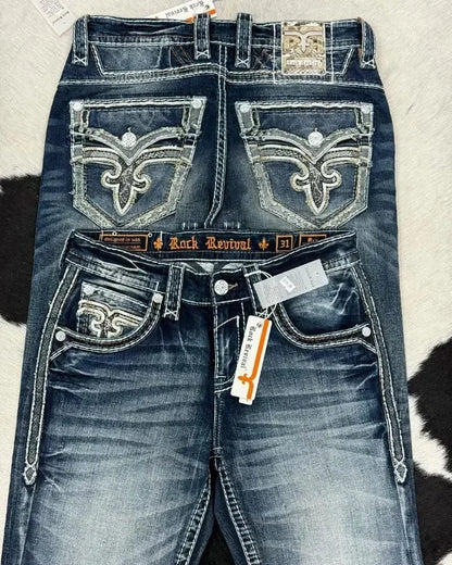 Women's Washed Loose Straight Jeans with Cross Logo