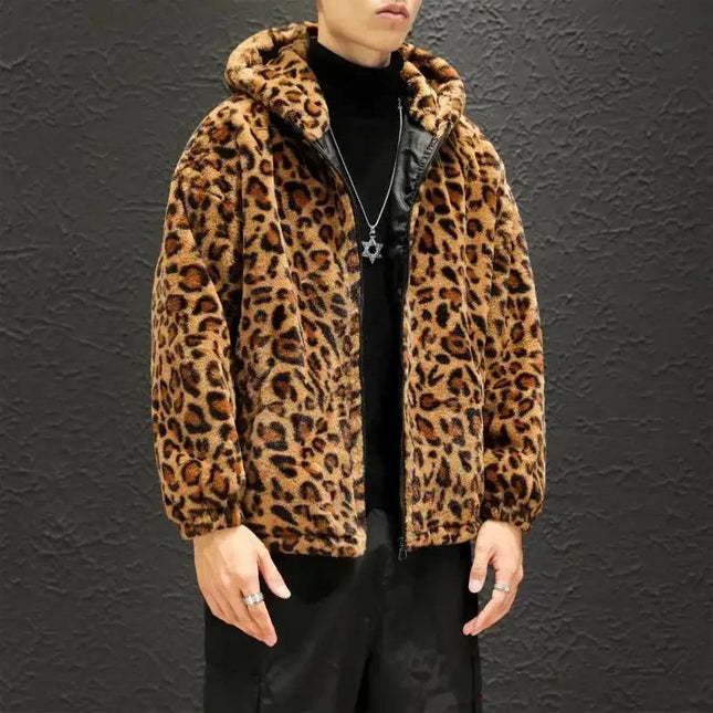 Person wearing a leopard print jacket against a dark background