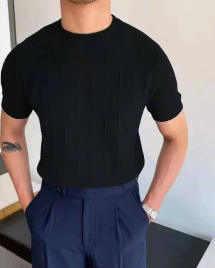 Men's Casual Round Neck Knit T-Shirt with Jacquard Stripe