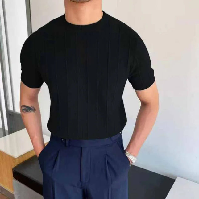 Men's Casual Round Neck Knit T-Shirt with Jacquard Stripe
