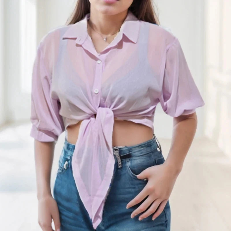 Women’s Casual Loose Tied Waist Half-Sleeve Blouse