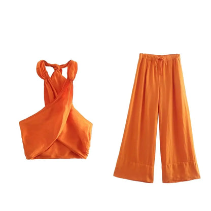 TRAFZA Women's Halter Neck Crossover 2-Piece Camisole and Pants Set