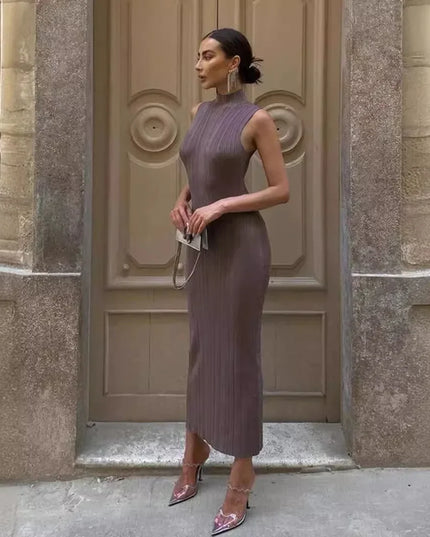 Women’s Sleeveless Ribbed Knit Turtleneck Maxi Dress – Slim, Elegant Fit