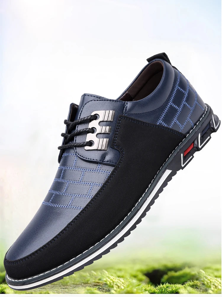 Men's Grid Pattern Leather Shoes – Breathable, Soft Leather Upper with Durable Rubber Sole