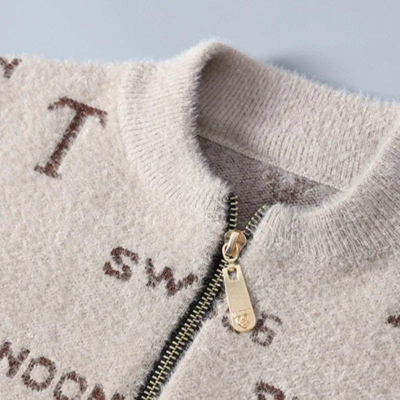 Retro Jacquard Men's Cardigan Jacket with Stand-Up Collar