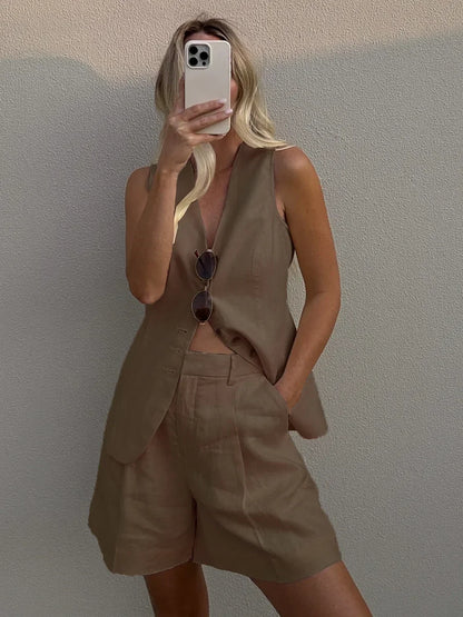 Women's Cotton Linen 2-Piece Vest and Shorts Set