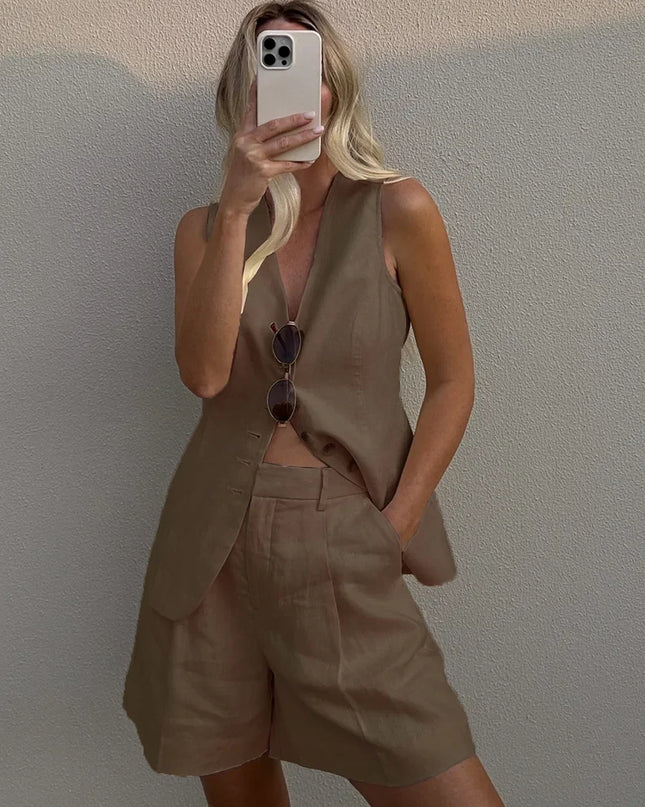 Women's Cotton Linen 2-Piece Vest and Shorts Set