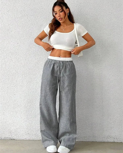 High-Waisted Wide Leg Pants for Women with Stripes, Drawstring, and Loose Fit
