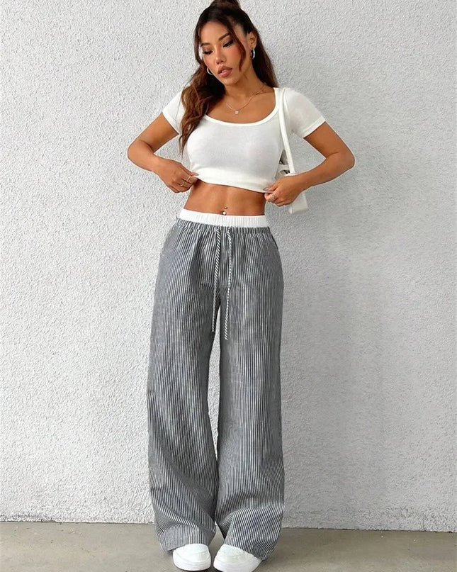 High-Waisted Wide Leg Pants for Women with Stripes, Drawstring, and Loose Fit