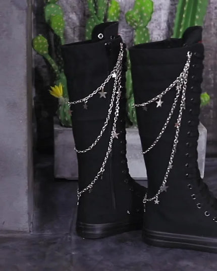 Women’s Knee-High Punk Knight Boots with Flat Sole - Metal Chain Detail - Cross-Tied Design